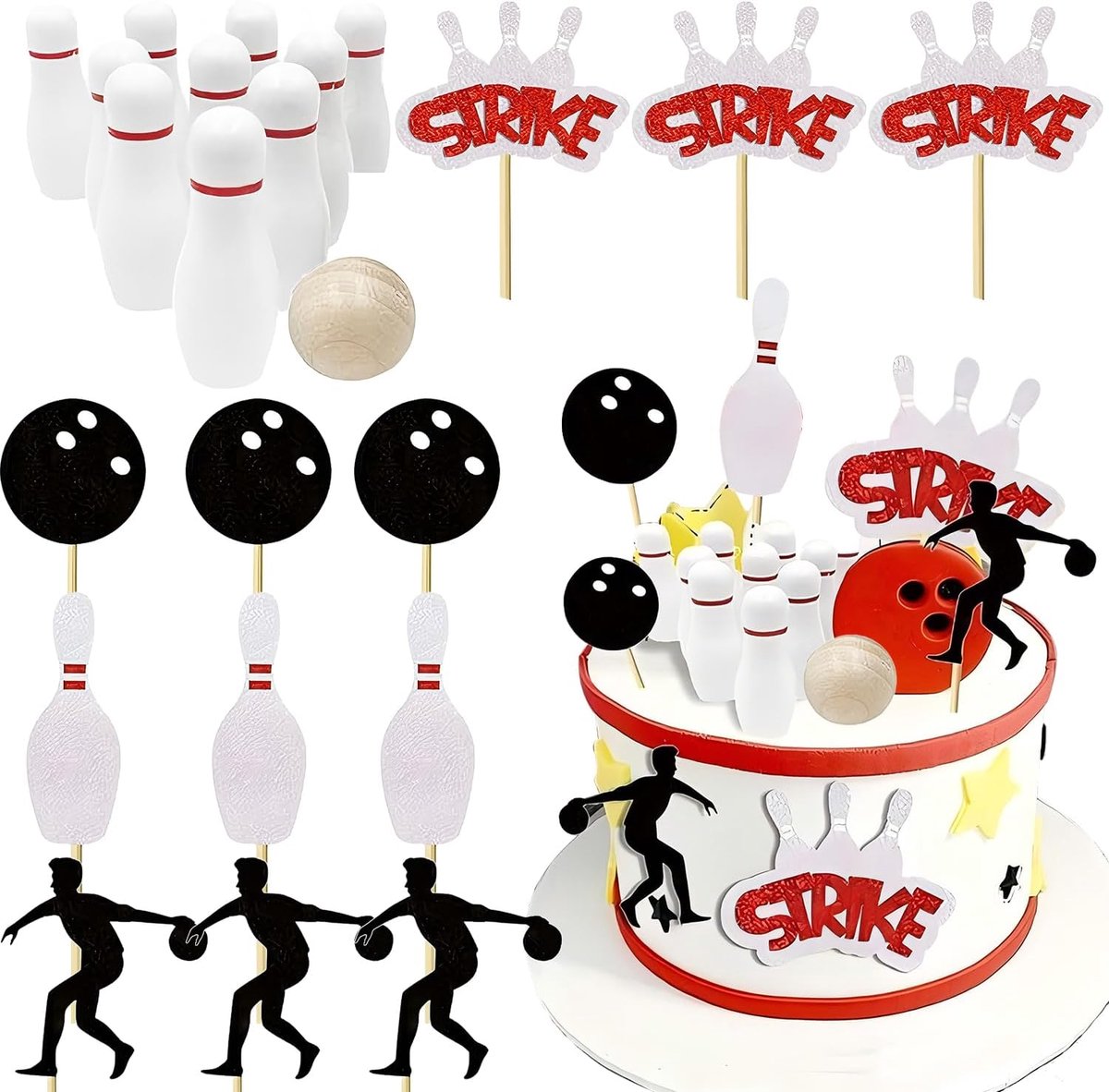 Taartdecoratie, 24 stuks, bowling feestdecoratieset, jongens meisjes, verjaardagsartikelen, sportfeest, sportthema's