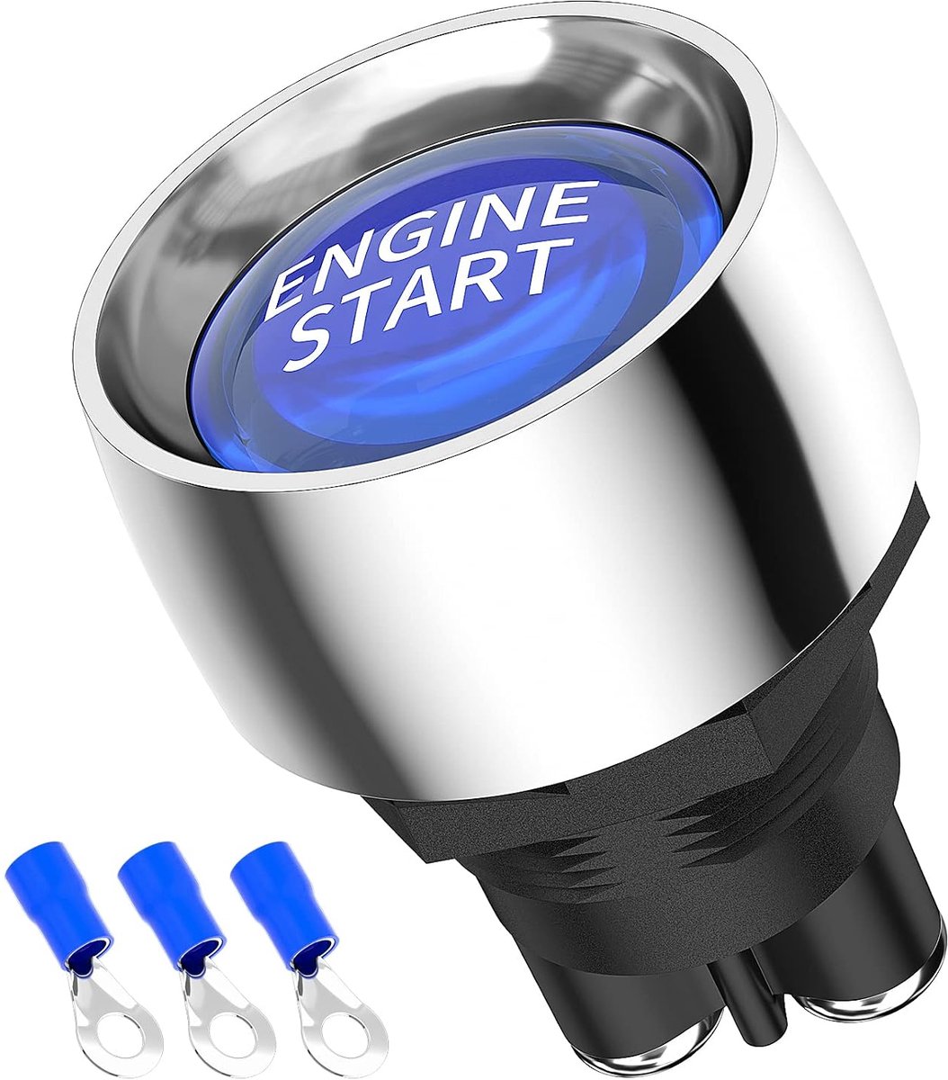 Drukknopstarter, 12 V, 50 A, momentschakelaar voor motorstart en ontsteking, 12 volt, 50 ampère, met blauwe led, "push-to-start"-knop voor boten, racewagens, vrachtwagens en campers