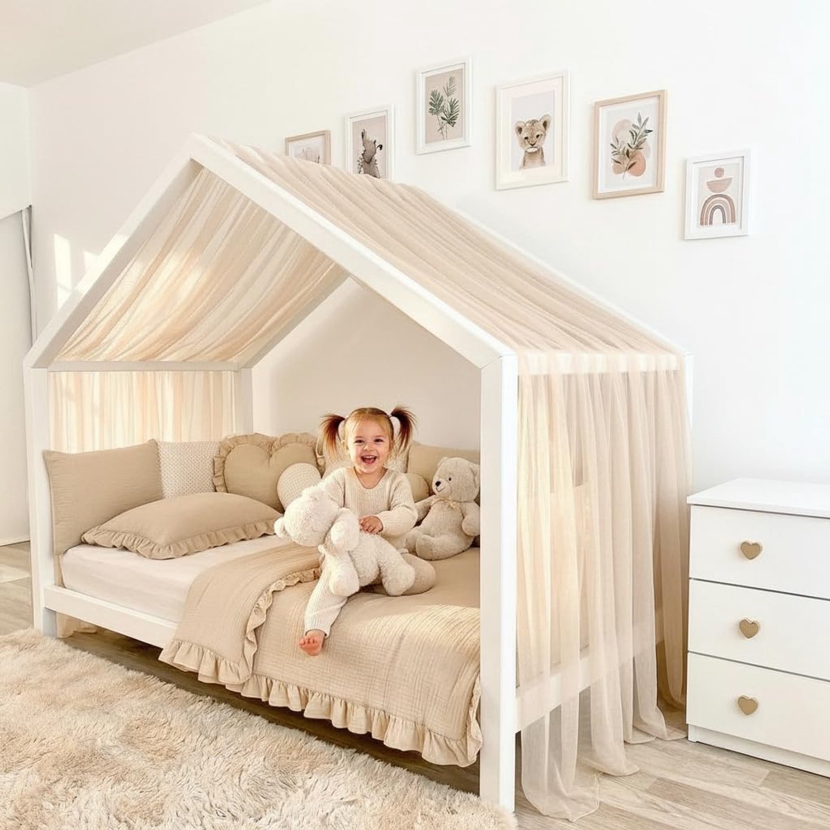 Fancyroom Huisbed, hemel van tule, handgemaakt, gekruld, baldakijn, bedhemel voor kinderbed, kinderkamer (beige, 380 cm)