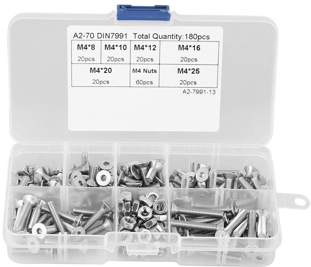 Platte kopmoeren set 180 stks M4 304 roestvrijstalen platte kopboutschroeven Moeren Assortimentset met doos