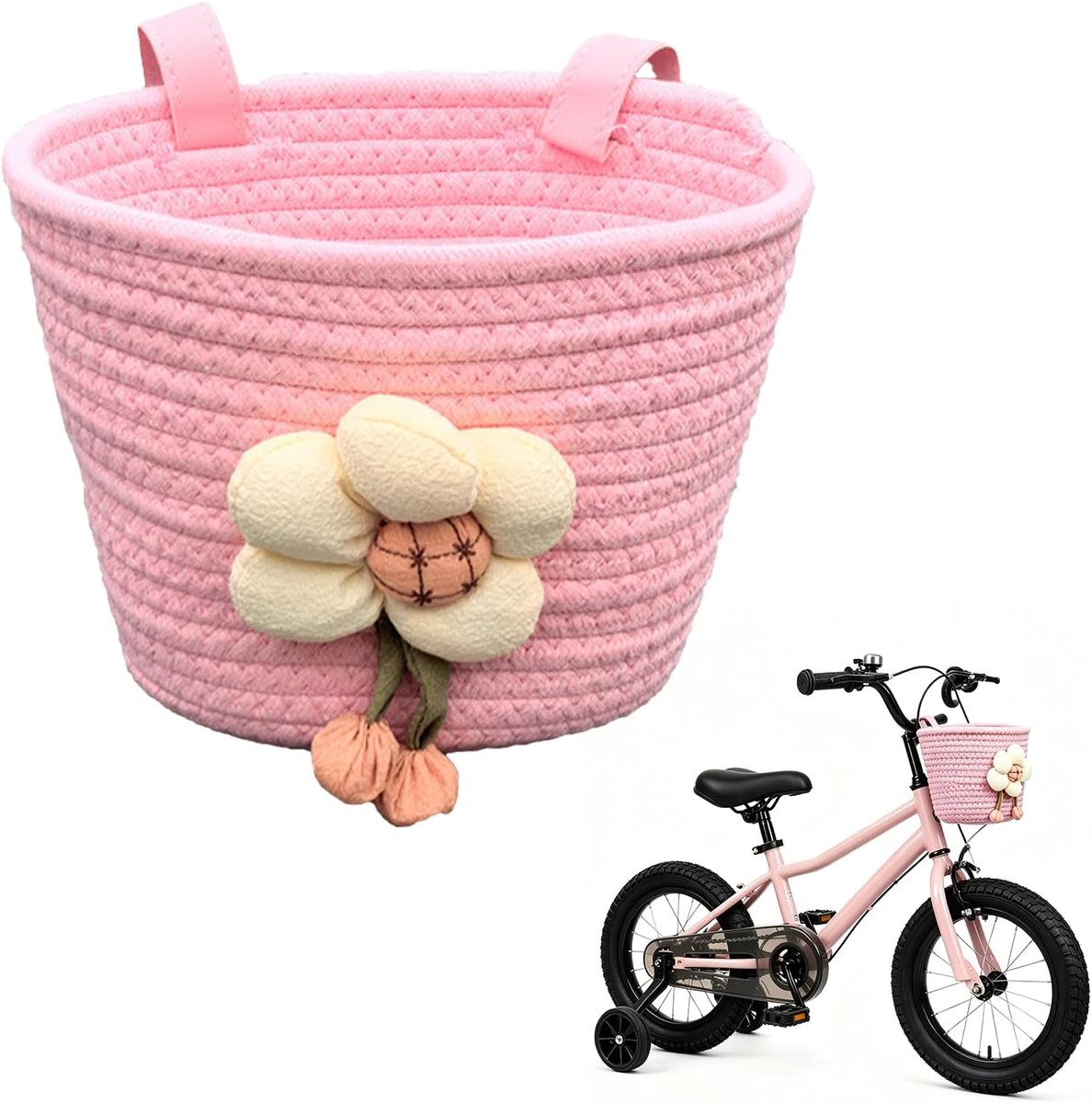 Klein, gevlochten, kinderfietsmand, voormand met bloemendecoratie, handgeweven fietsmand voor stuur, fietsaccessoires, mand voor sleutels, mobiele telefoon