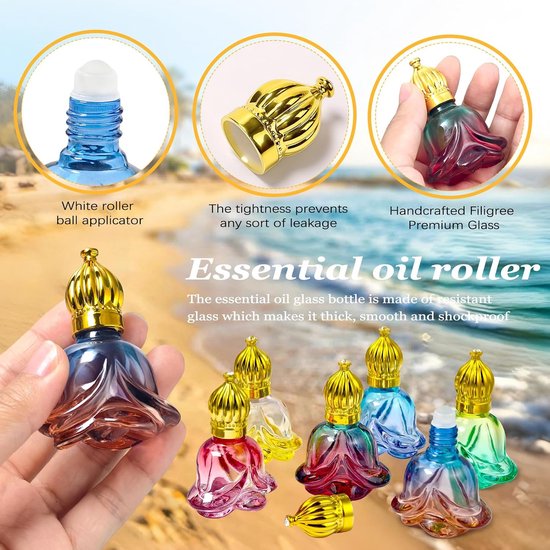6 Stuks 8ml Roll-On Flessen van Gekleurd Degradé Glas in Roosvorm, Etherische Olie Roller Vintage Goud met Glazen Rollerbal, Leeg, Hervulbaar voor Parfum, Aromatherapie, Massage — afbeelding 4