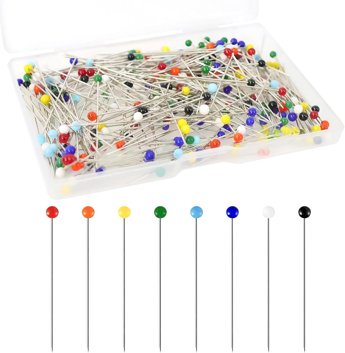 Pakket van 250 Levendige Kleurrijke Glazen Hoofd Pinnen, Roestvrij Staal, 38 mm, Oranje, Wit, Rood, Zwart, Blauw, Geel, Blauwgroen, Groen