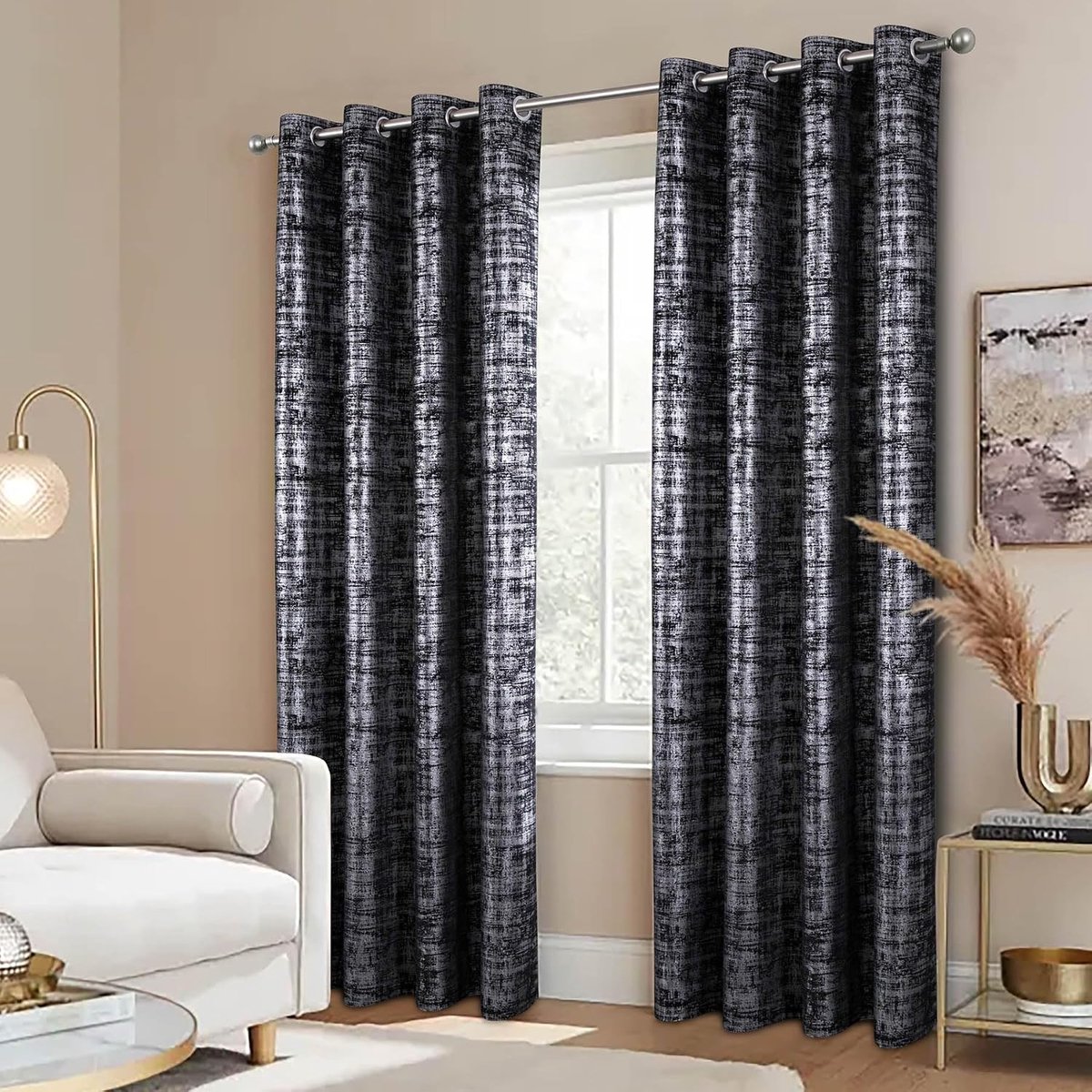 Always4u Gordijnen, ondoorzichtig, 100% verduisteringsgordijnen, thermogordijn, hittebescherming met ringen, elegante fluwelen gordijnen met zilveren print, voor slaapkamer en woonkamer, zwart, set