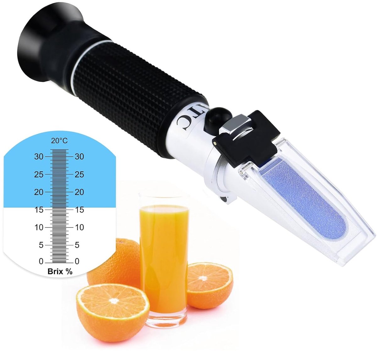 Brix-refractometer met ATC, bereik 0-32% Brix met 0,2% verdeling, voor gedistilleerde dranken, bier, fruit, snijvloeistof, met extra ledlicht en pipetten