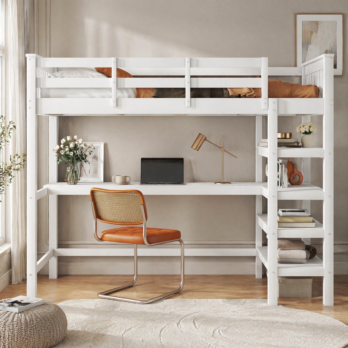 WUVRIE Hoogslaper 90x200 cm met bureau, opbergvakken, ladderrekken en veiligheidshek, wit