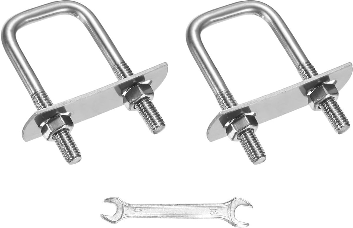 METERXITY Vierkante U-boutset (M6 x 20 x 50 mm, zilver), 2 sets vierkante U-bouten van roestvrij staal 304 met bevestigingsplaten, moeren en sluitringen en sleutels, geschikt voor ski/board