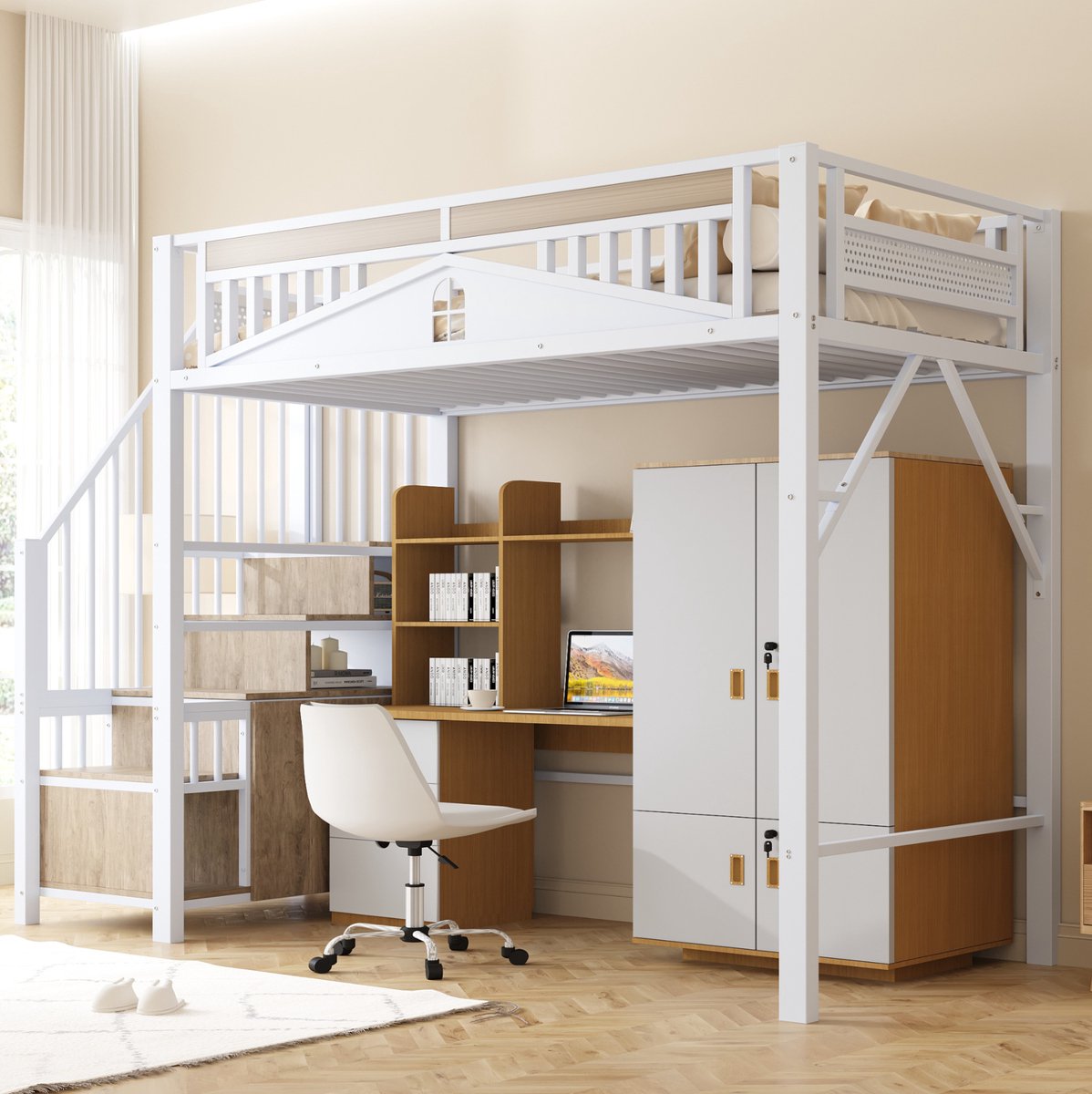 WUVRIE Hoogslaper 90x200 cm met opbergtrap, veiligheidsreling en kastje voor kinderkamer, wit