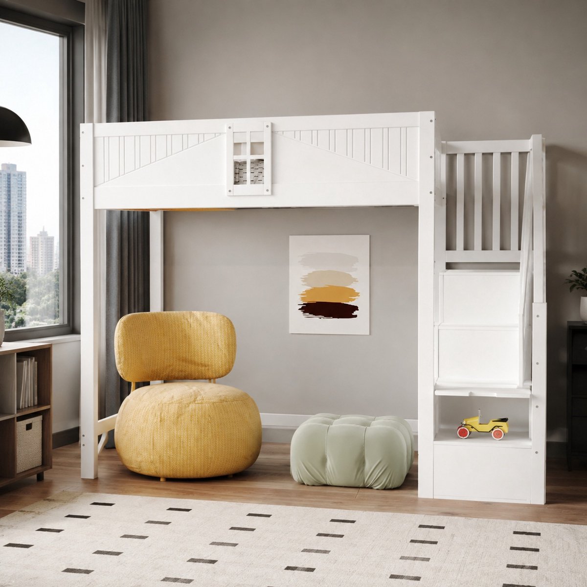 WUVRIE Hoogslaper 90 x 200 cm met opbergladder, veiligheidshekken en ruimte onder het bed, wit