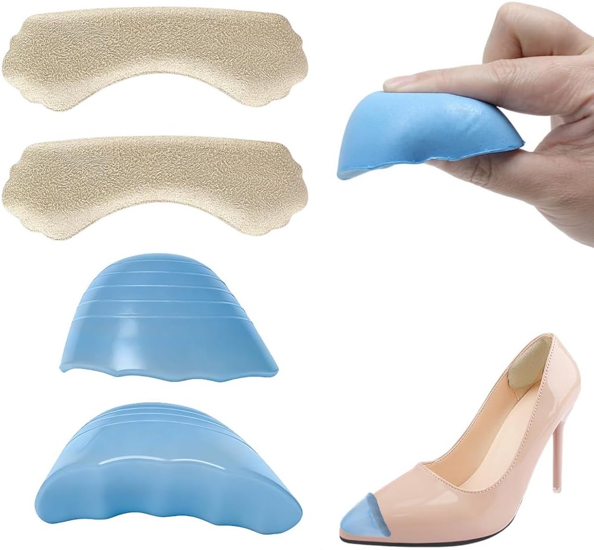 2 sets inlegzolen voor te grote schoenen, 2 paar hielkussens en 2 paar teenvullers, schoenverkleiner, hielbescherming, inlegzolen voor dames en heren