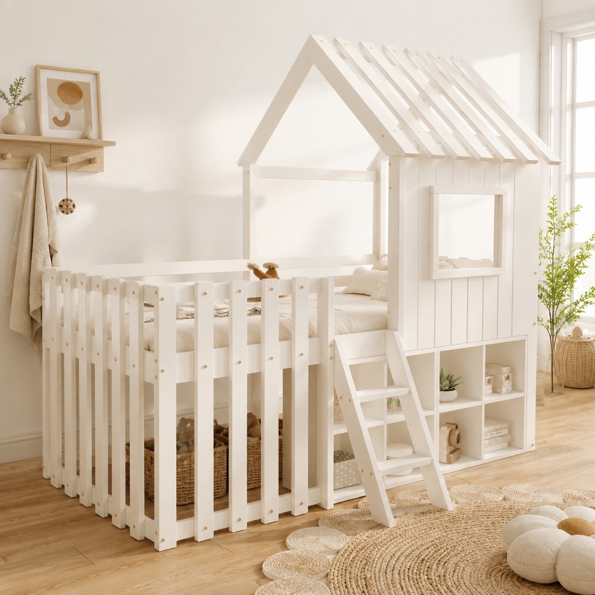 WUVRIE Huisbed hoogslaper 90x200 cm met ladder, dak, ramen en open opbergruimte, wit
