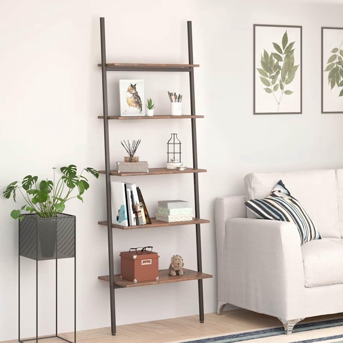 Ladderrek met 5 planken, opbergrek boekenkast bookcase geschikt voor kantoor hal slaapkamer studeerkamer donkerbruin en zwart 64 x 34 x 185,5 cm