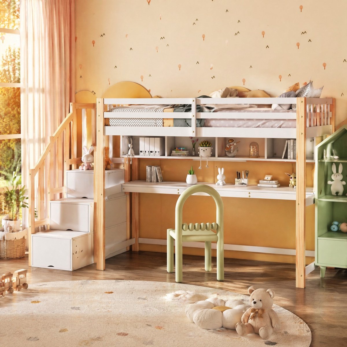 WUVRIE Kinderhoogslaper 90x200 cm met bureau, trap met opbergruimte en legplanken, wit/eiken Wit en eiken