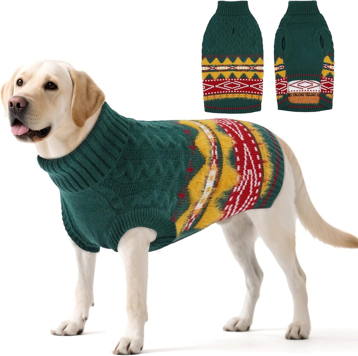 Kersttrui voor kleine honden, Fair-Isle hondentrui met hoge kraag, Kerstmis, wintertrui voor Yorkshire van 1-24 kg, groen, S
