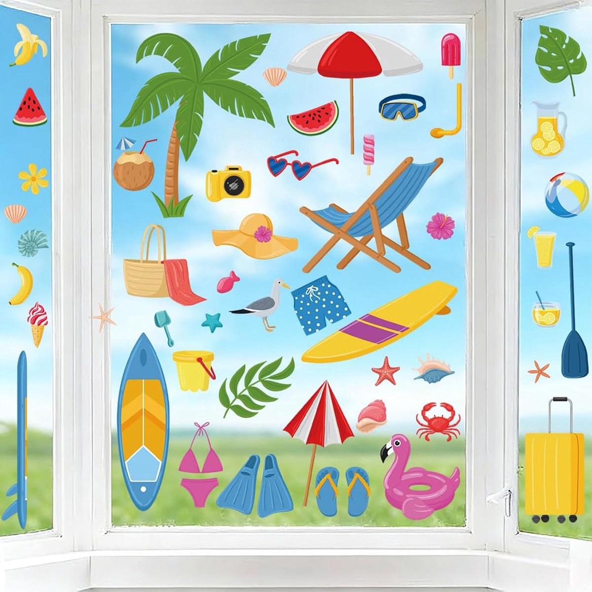 Raamstickers set, raamstickers voor kinderen voor woonkamer, zomerdecoratie met strandmotieven, zelfklevende raamstickers zonder lijm