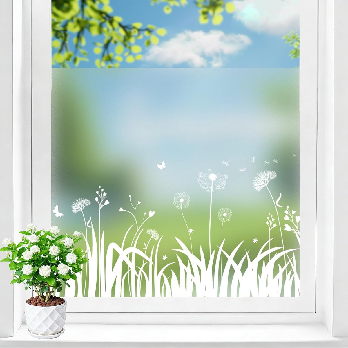Raamfolie, inkijkbescherming, melkglasfolie zonder lijm, herbruikbare statische folie met gras en paardenbloem, inkijkbescherming voor woonkamer, slaapkamer, werkkamer, 90 x 400 cm