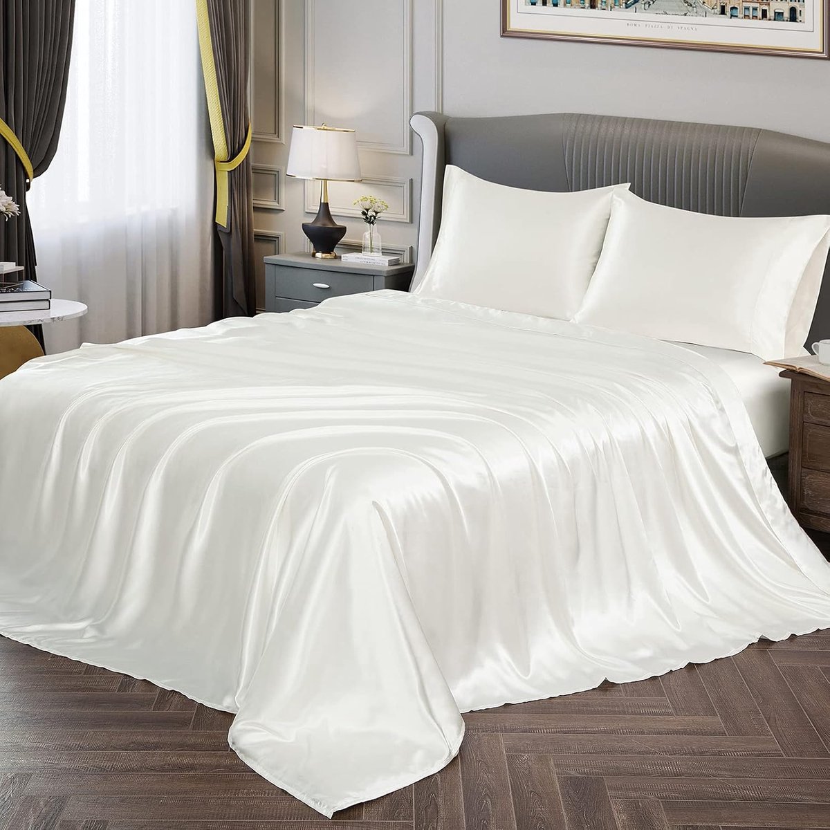 Satijnen lakens queensize zijdezachte satijnen lakens ivoorwit satijnen lakenset, 1 diepe zak hoeslaken + 1 plat laken + 2 kussenslopen