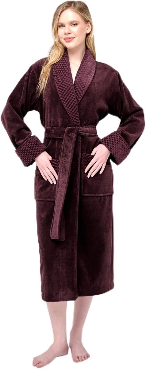Luxe Dames Badjas, Paars, Zachte Badstof met Wafelpatroon Kraag en Manchetten, Ochtendjas met Ceintuur en Zakken, M tot 3XL