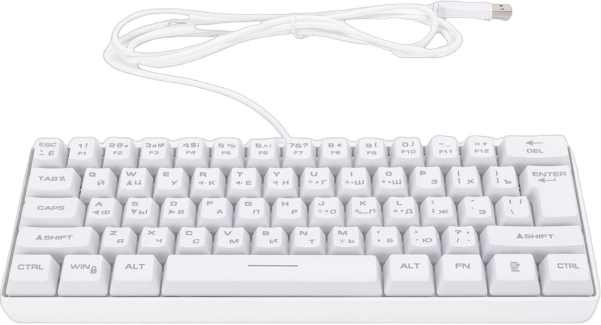 Mechanisch Gamingtoetsenbord, Compact Toetsenbord met 61 Toetsen, RGB-achtergrondverlichting, Hoge Responsiviteit, Anti-ghosting, USB-bedraad, Russisch en Engels (WHITE)