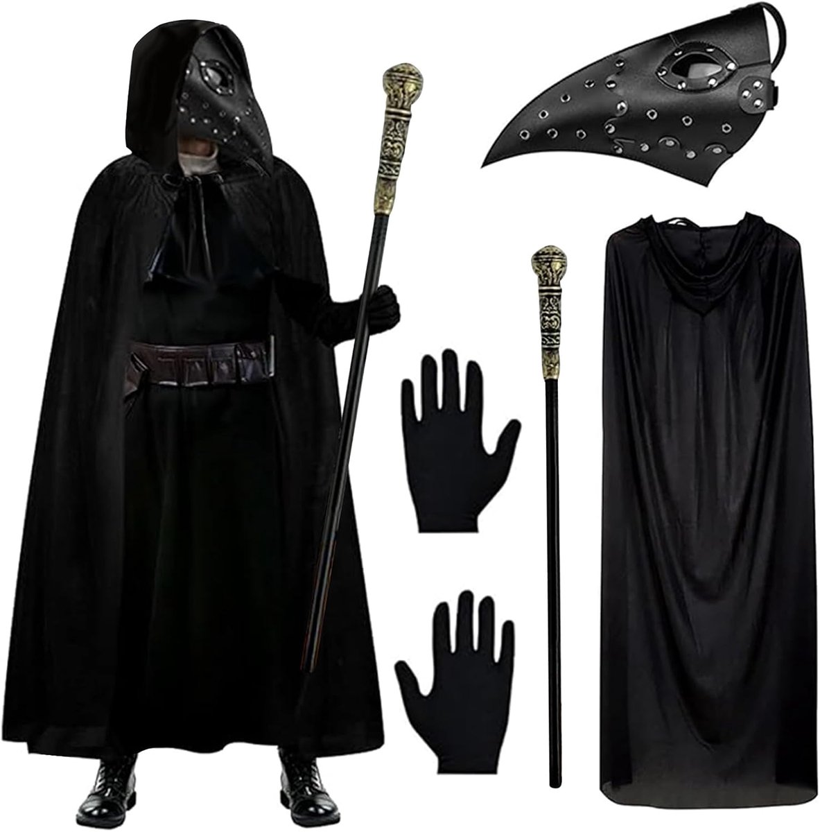 Halloween-kostuumaccessoires met lange neus, steampunk-masker, zwarte handschoenen, scepter, cape met capuchon