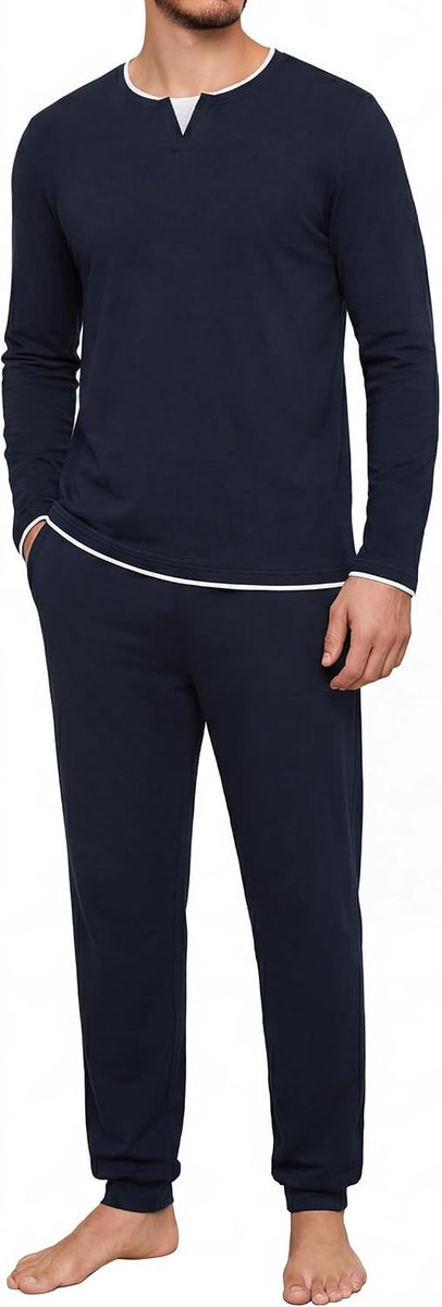 Pyjama voor heren, winter, katoen, ronde hals, pyjamaset, lange mouwen, effen top met overlappend kraagdesign en comfortabele broek