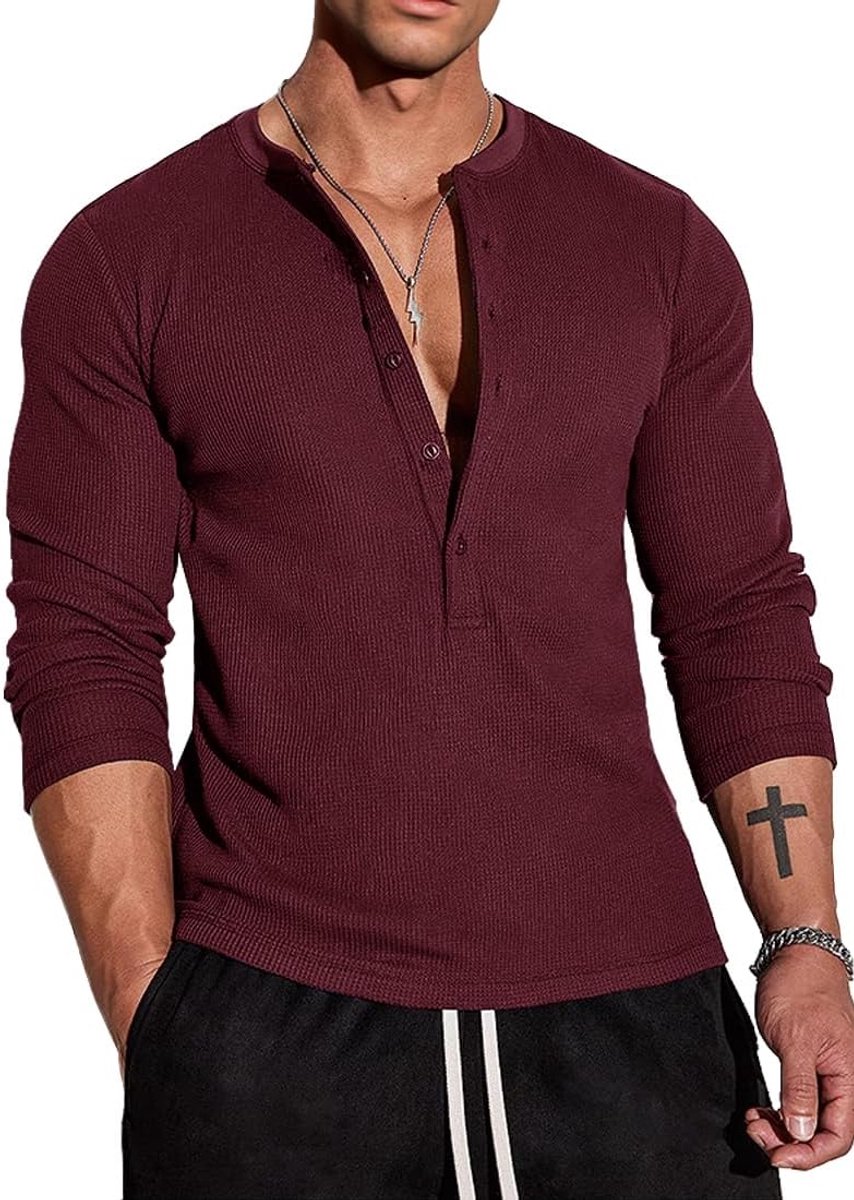 Cmdr Heren wafel-henley-overhemden, Casua Lange Mouwen T-shirt Casual 5-Knoopsluiting, Lange Mouwen Regualar Fit Stijlvol T-Shirt, Thermisch Ondergoed