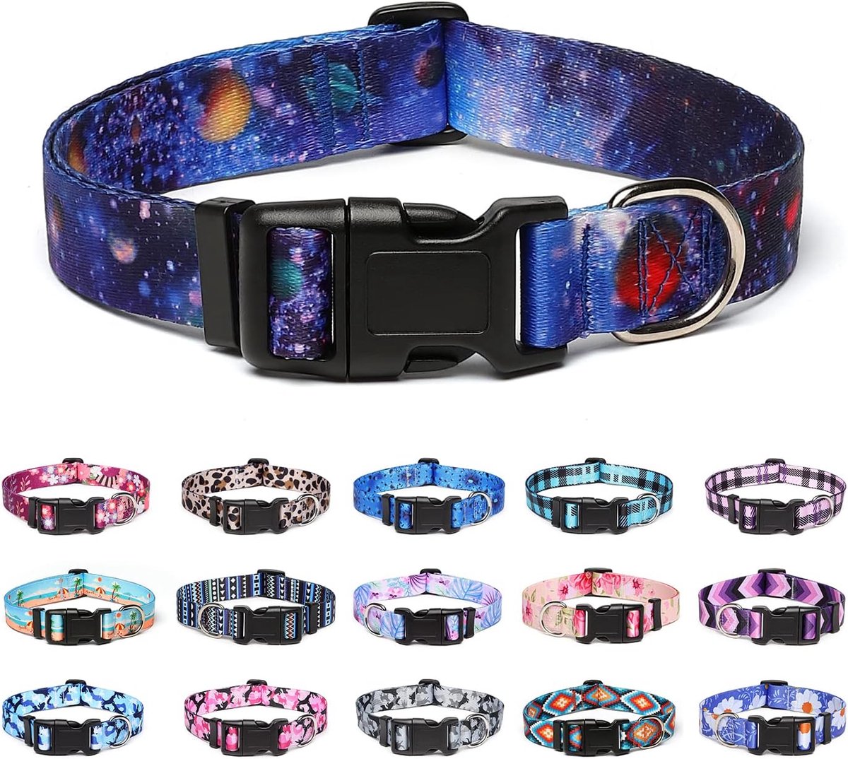 Verstelbaar, zacht & comfortabel nylon hondenhalsband voor kleine, middelgrote en grote honden, welpen, katten (L, sterrenhemel)