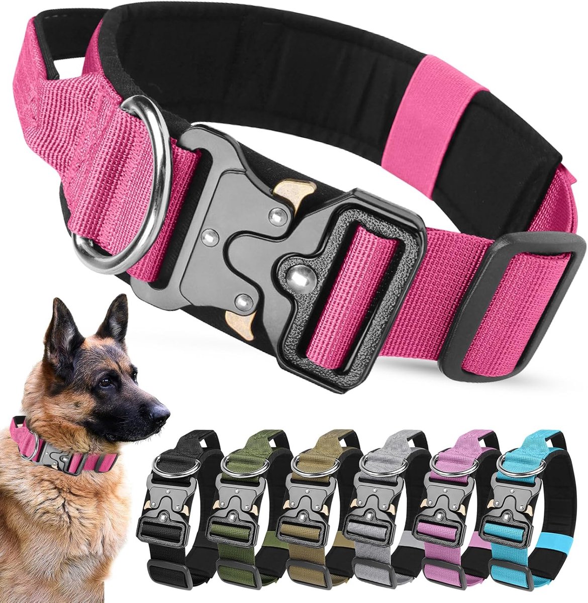 hondenhalsband, breed, duurzaam, met handvat en zachte bekleding, verstelbare en comfortabele halsband voor het trainen van kleine, middelgrote en grote honden (roze, XL)
