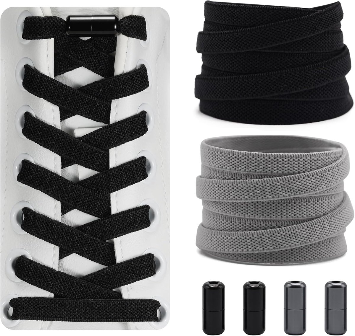 Schoenveters voor Kinderen, Volwassenen Schoenen - 2 Paar Rubberen Schoenveters, Plat, met Metalen Capsule