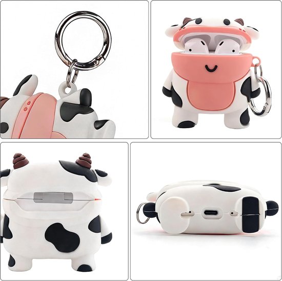 Hoesje voor AirPods, AirPods 2 koeienhoes, siliconen, cartoon, AirPods 1e/2e generatie, oplaadhoesje, kawaii, 3D, koe, AirPods 2, grappig dier, zachte beschermhoes met karabijnhaak — afbeelding 5