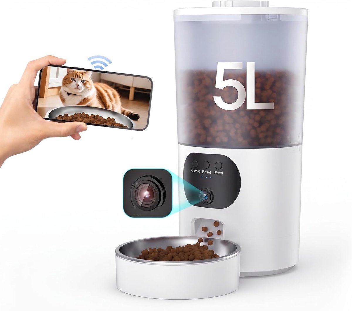 Automatische Krokettendispenser voor Katten, WiFi 1080P HD Camera, Roestvrijstalen Voerbak, Programmeerbaar & Anti-verstopping & Automatisch Sluitende Voeruitlaat, Reservebatterij