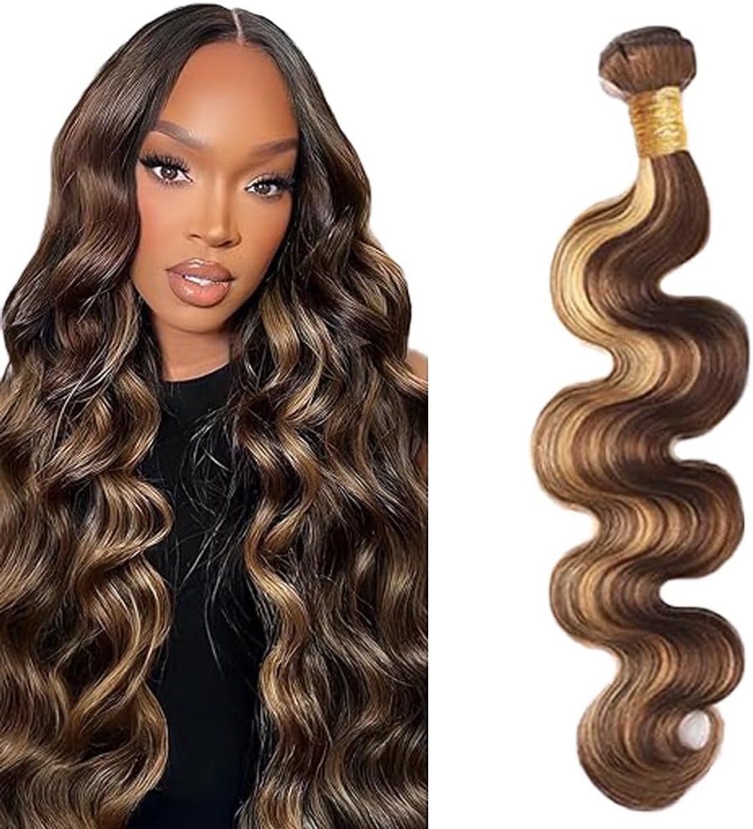 Wave Human Hair Bundles P427 Highlight Blonde Human Hair Extensions Sew in Hair Single Bundle Real Hair Double Weft Extensions Low Shedding Minimal Smell for Woman 14 Inch