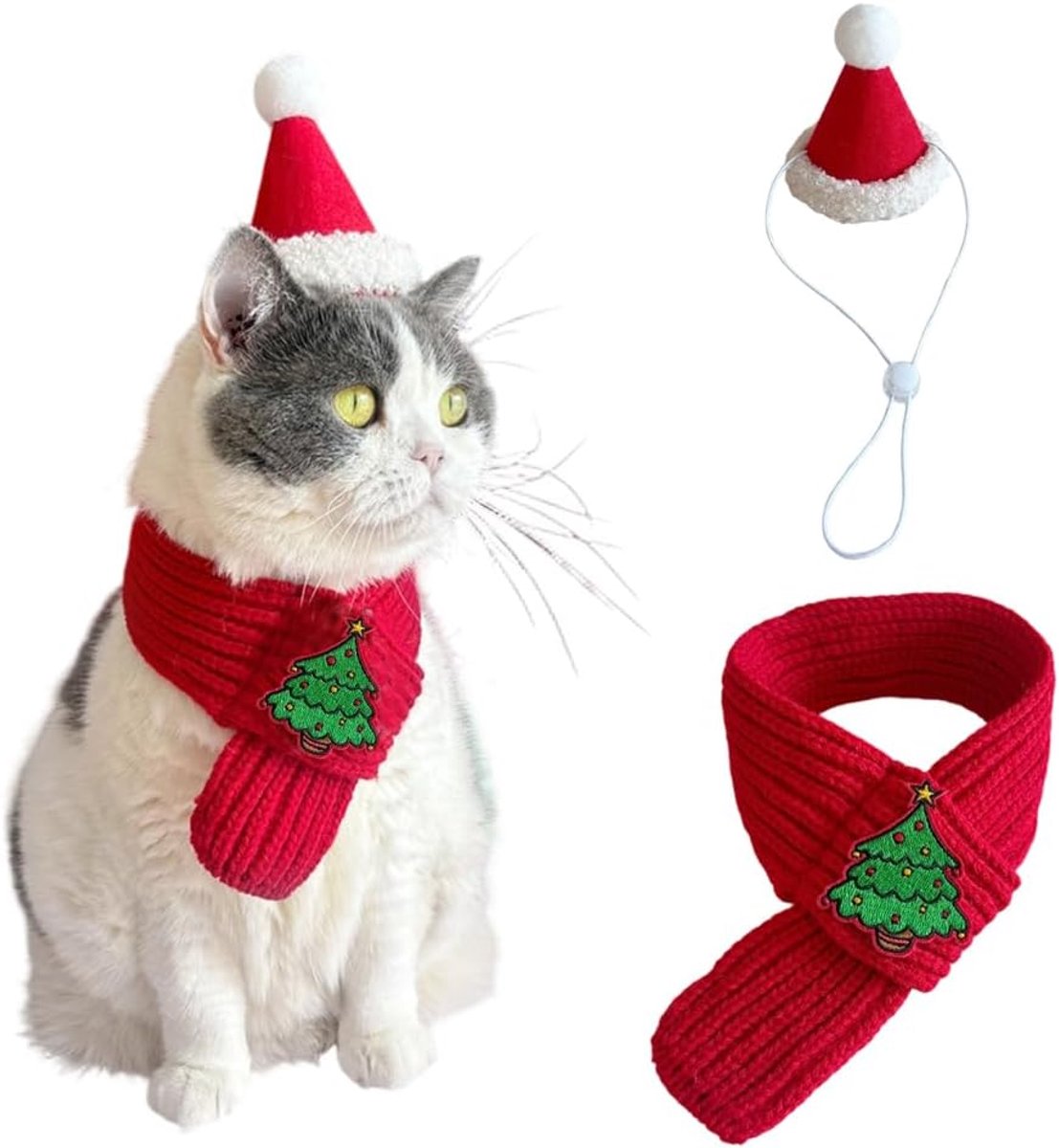Kerstkostuum voor huisdieren, gebreide muts en sjaal, verstelbare kerstmanoutfit voor kleine dieren, feestelijke foto-rekwisieten