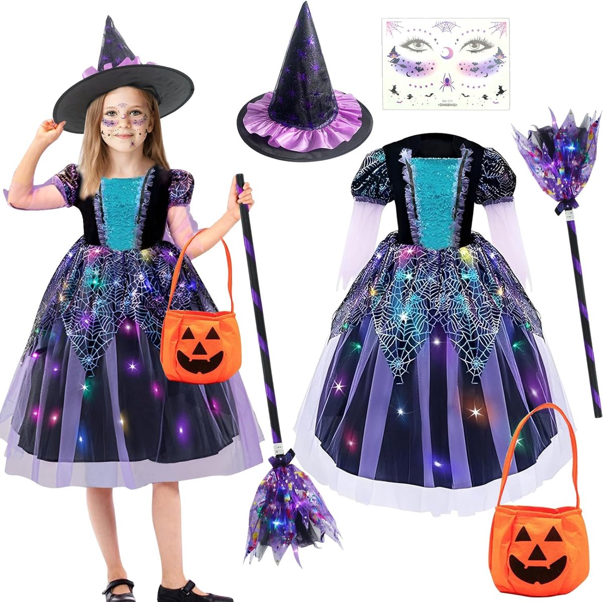 Halloween heksenkostuum voor meisjes, Halloween-kostuum voor kinderen, led-heksenkostuum voor kinderen met heksenhoed, heksenbezem, pompoenzak voor meisjes, cosplay, themafeest