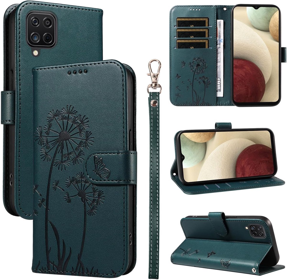 Hoesje voor Samsung Galaxy A12 4G / M12 Beschermhoes, Premium PU-leer Magnetisch Klapdeksel Telefoonhoesjes met Kaart Houder en Standfunctie voor Galaxy A12 4G / M12, Donkergroen