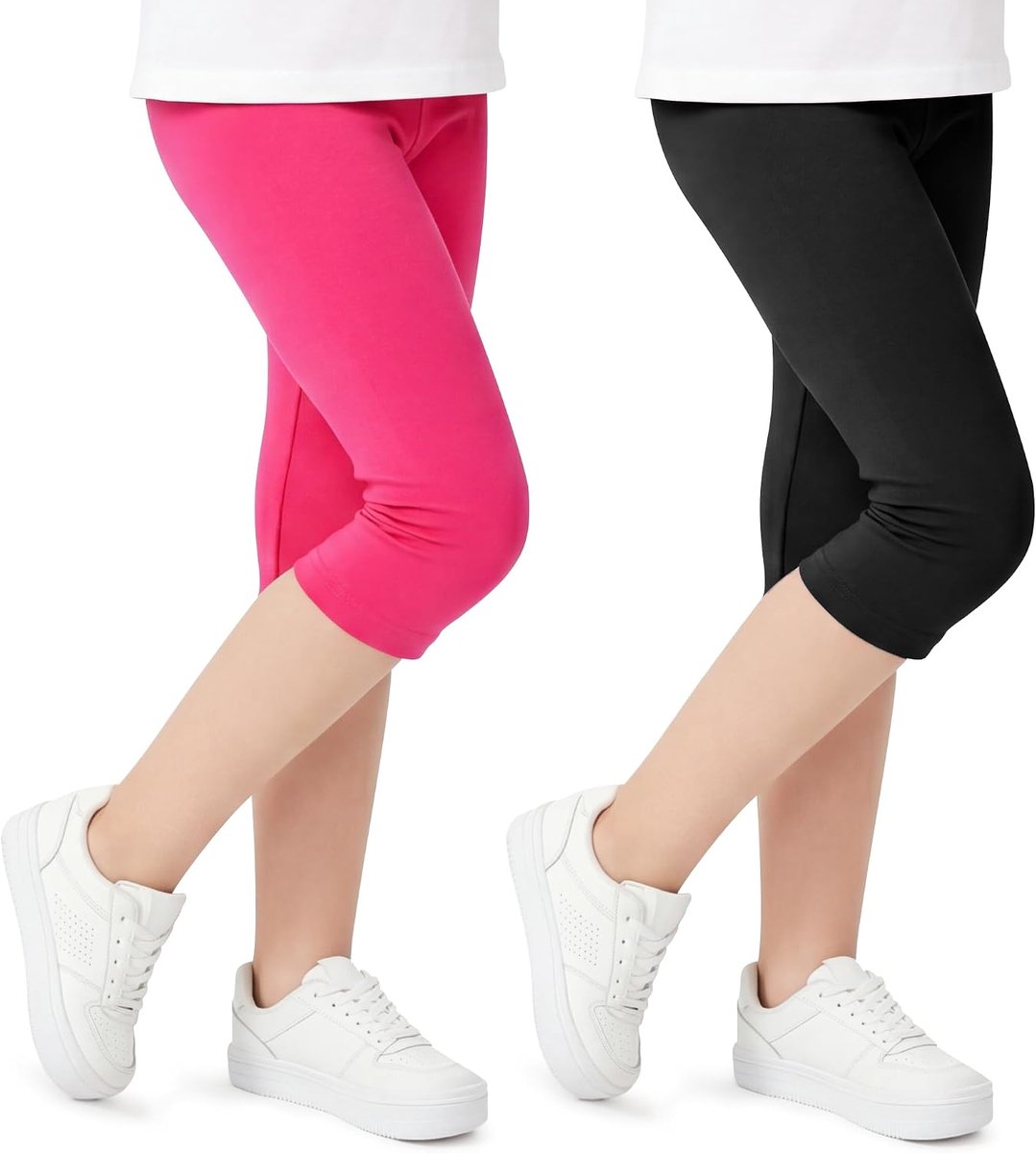 meisjes 3/4 capri-legging katoenen korte broek 2-pack kinderen elastisch ademend sportbroek zacht zomerse capribroek effen sportlegging sportkleding, maat 116-158