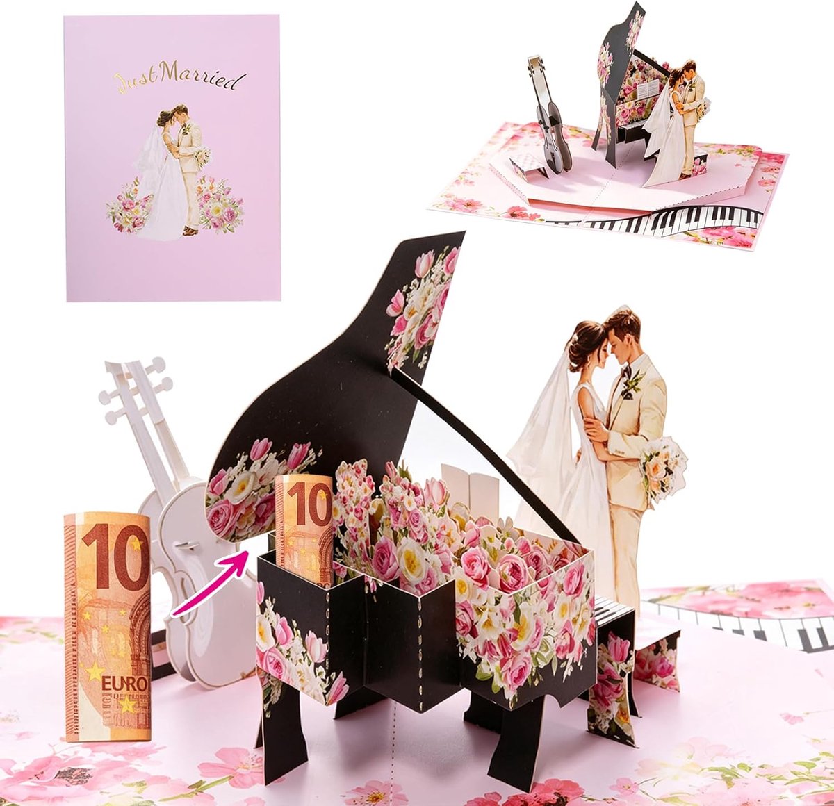 Up Piano Huwelijkskaart, 3D Huwelijkskaart voor Bruidspaar, Felicitatiekaart voor Huwelijksreis, Geldcadeau en Huwelijksreis Cadeau