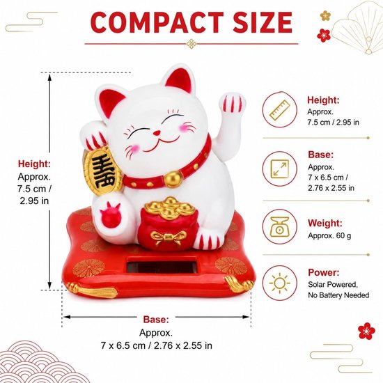 Gelukskat ornament, op zonne-energie bewegende arm gelukskat decoratie Feng Shui auto decor geld dansen katten Chinees geschenk voor het verwelkomen van geluk rijkdom — afbeelding 2
