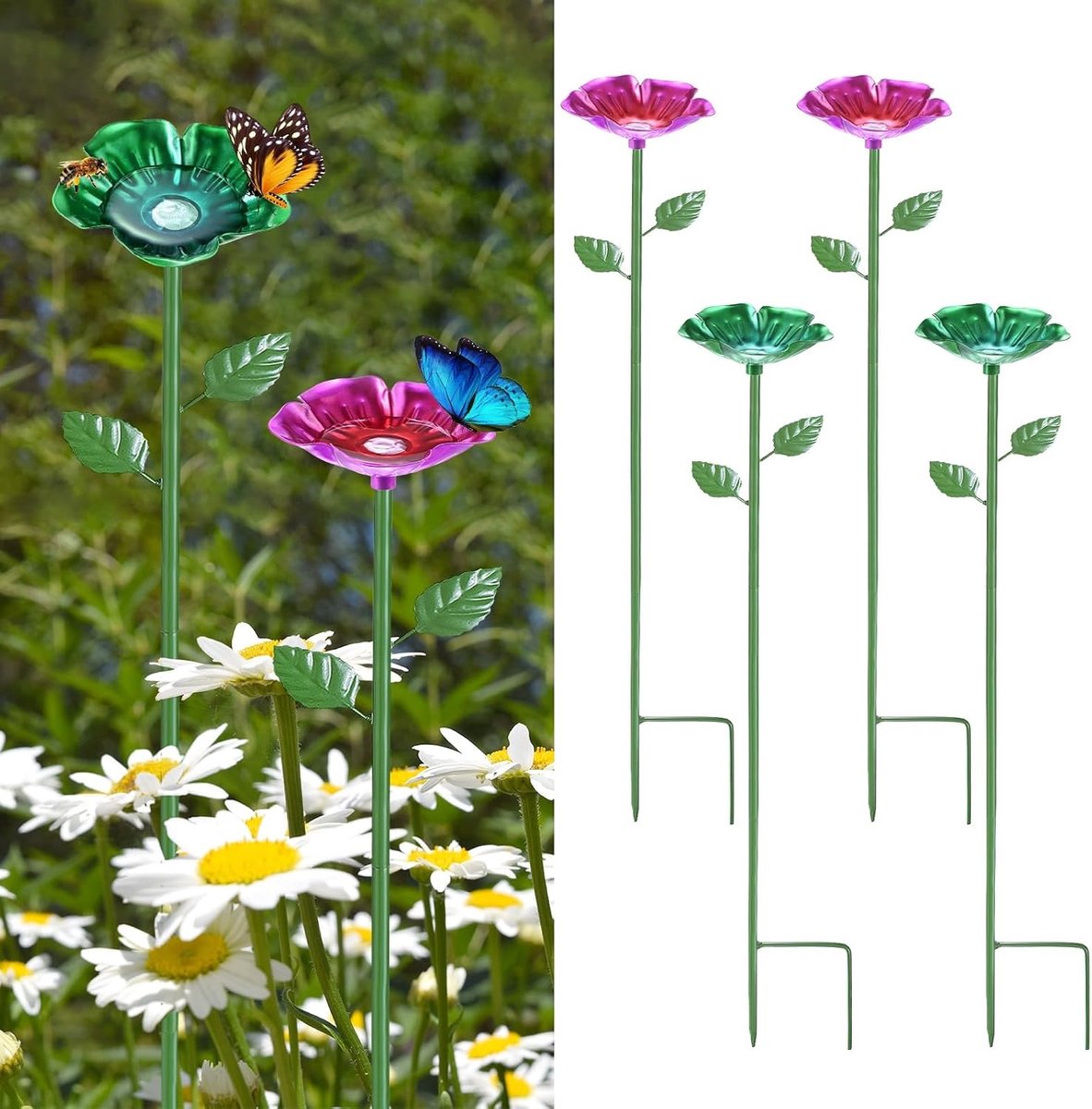 Set van 4 bijenwaterstations, 64 cm/25 inch ijzeren bijenbad voor tuinwatervoeder, kleurrijke vlinderbadkom voor buiten/tuin/tuindecoratie [rozenrood/groen]