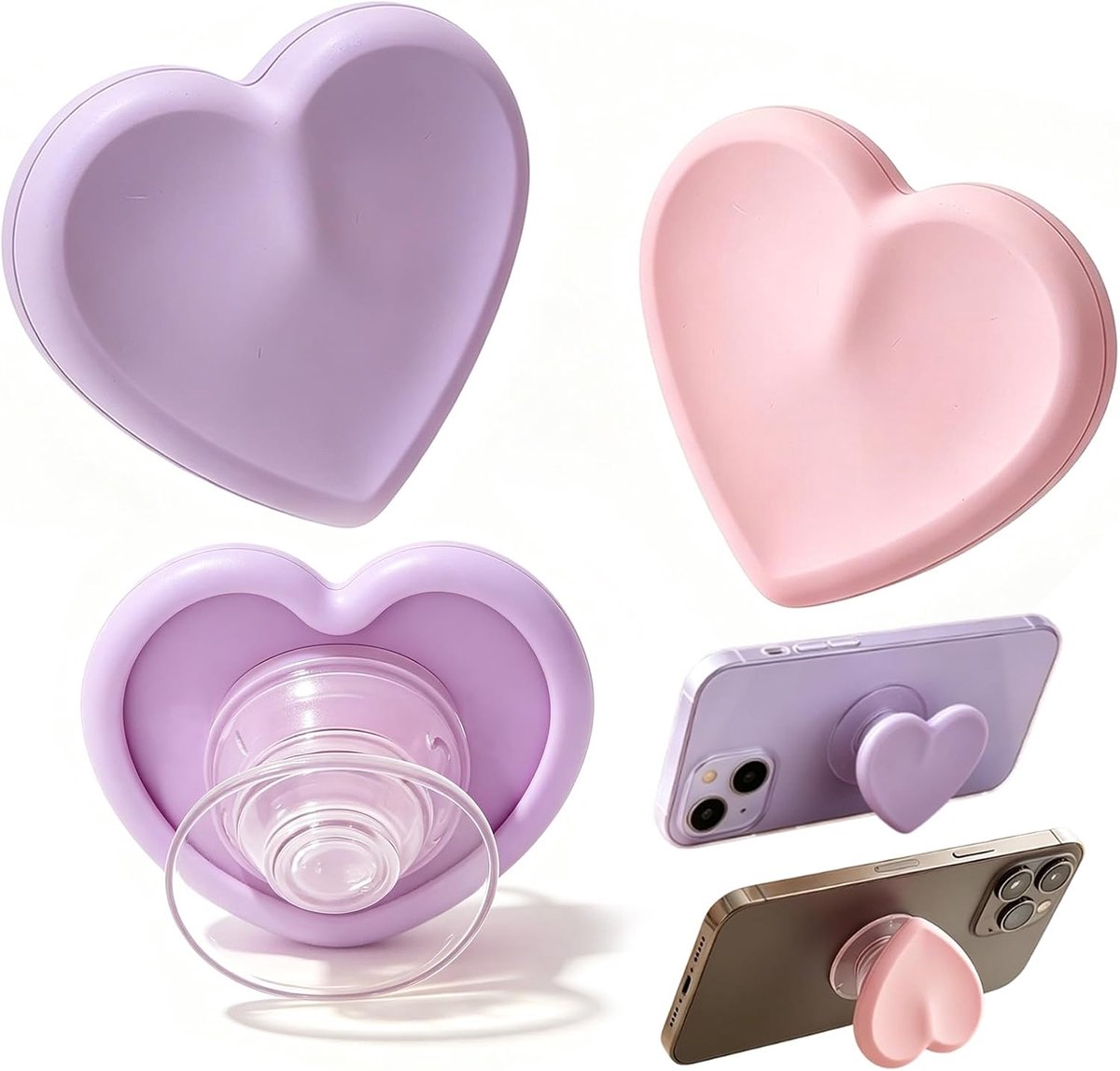 telefoongreep met hartdesign, compatibel met smartphones en Kindle, roze telefoongreephouder met uittrekbare sokkel, 2 stuks
