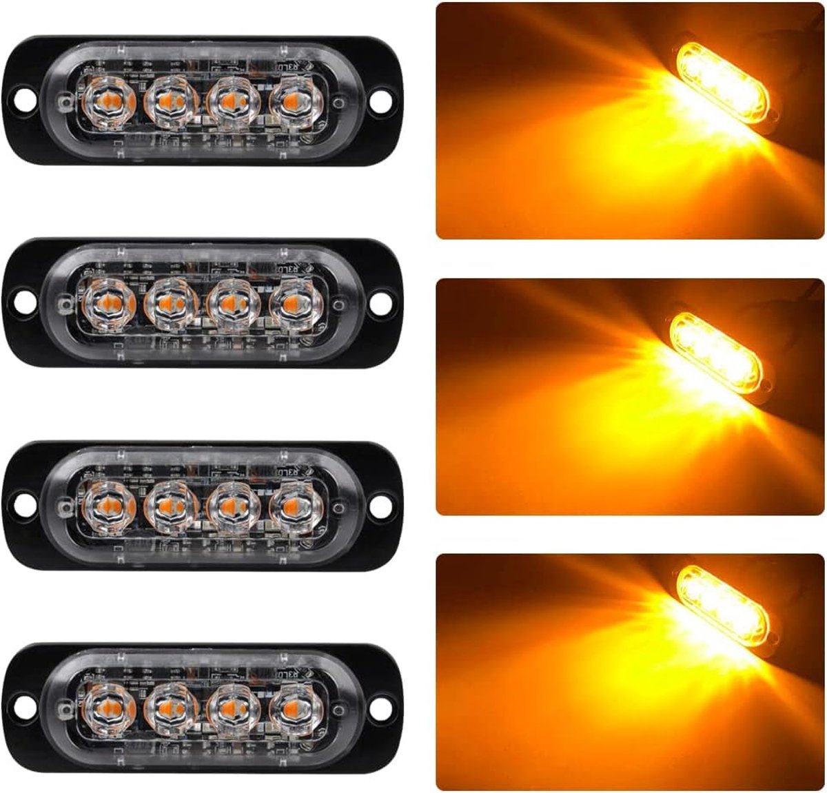 4 stks Ultra Dunne 4LED Emergency Waarschuwingslichten Amber Gevaar Knipperende Strobe Light Bar Side Waarschuwingslampje Baken Licht Universeel voor 12-24V Auto Voertuig Truck Trailer Caravan Camper