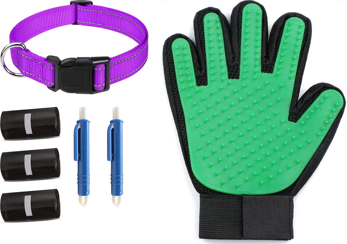 Professor Q Wandelset Hond - Halsband Paars S 30-40 cm - 45 Poepzakjes - 2 Blauwe Tekenpincetten - Vachthandschoen Groen