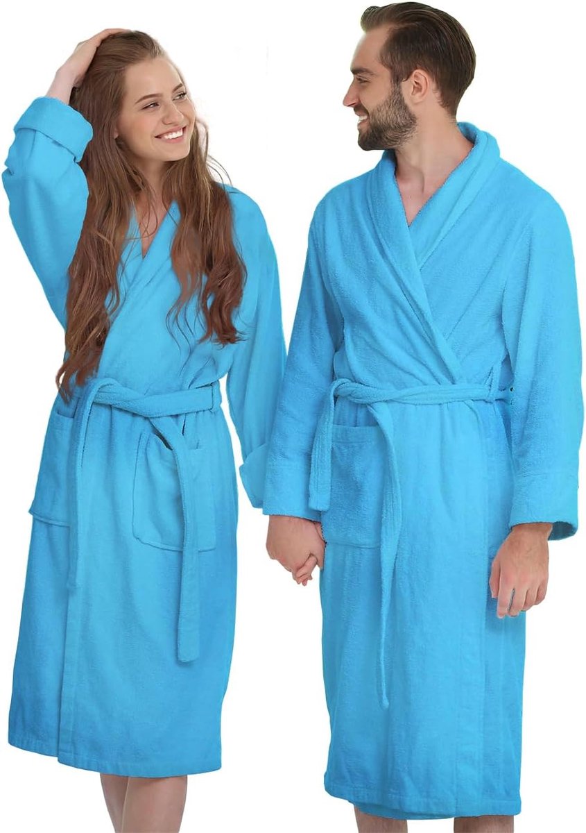 Badjas van badstof, 100% katoen met capuchon, badjas voor heren en dames, maat XL, turquoise