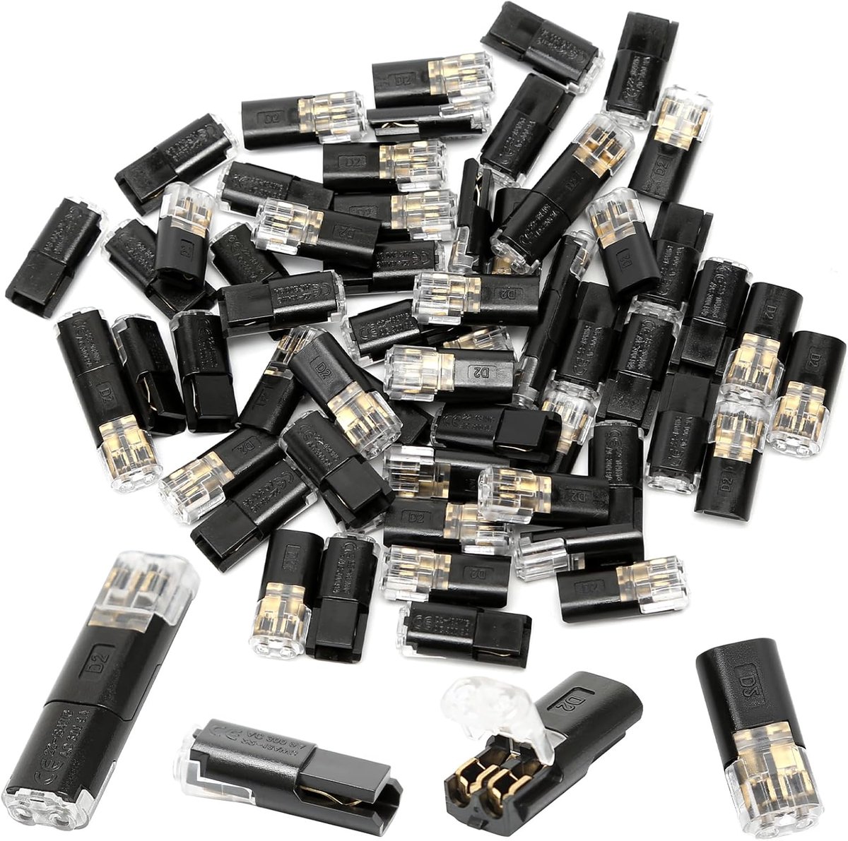 60 stuks 2-pins push-in draadconnectoren, soldeerloze laagspanning snelsplit-terminal voor LED-striplampen, lampen en schakelaars, geschikt voor 20-24 AWG