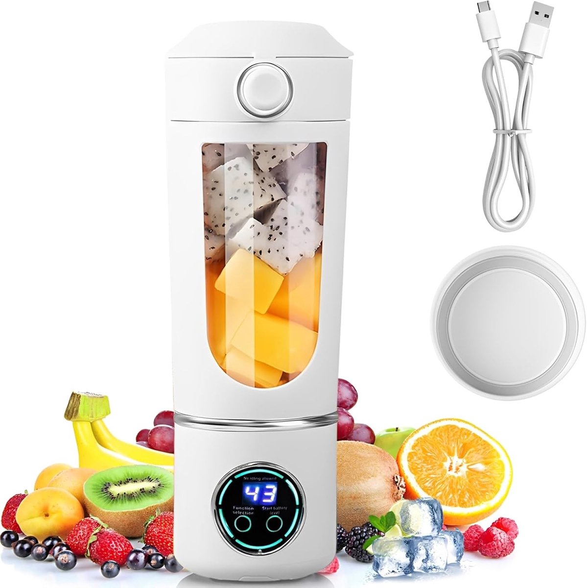 mixer, 700 ml blender, smoothie, mini-blender met 12 roestvrijstalen messen en digitaal display, oplaadbare shakes en smoothie-maker, kleiner voor reizen, keuken, kantoor, fitness (wit)