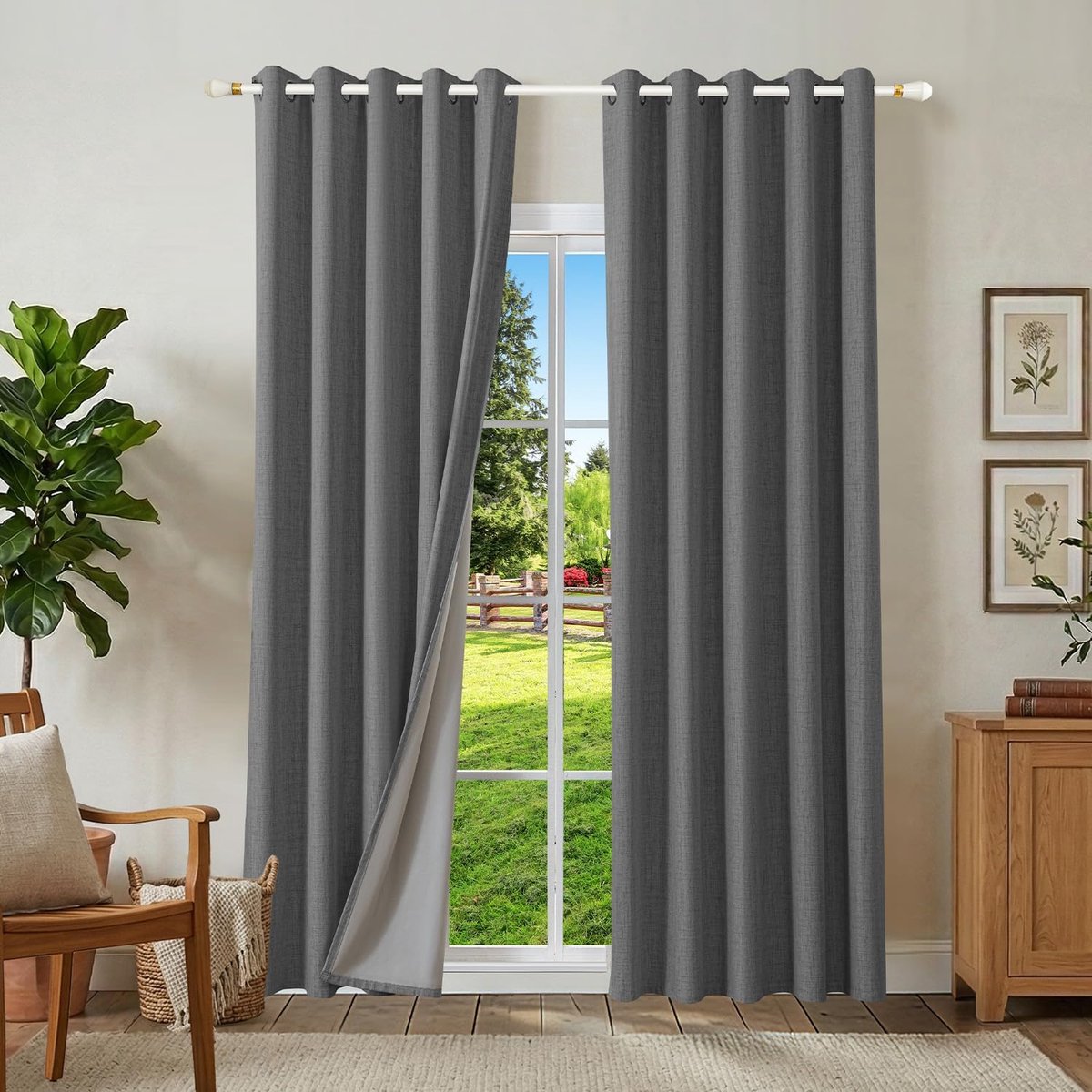 100% verduisteringsgordijnen linnen gordijnen met ringen set van 2, thermogordijn hittebescherming H 245 x B 160, linnenlook gordijnen lichtdicht grijs geluidsisolatie voor slaapkamer