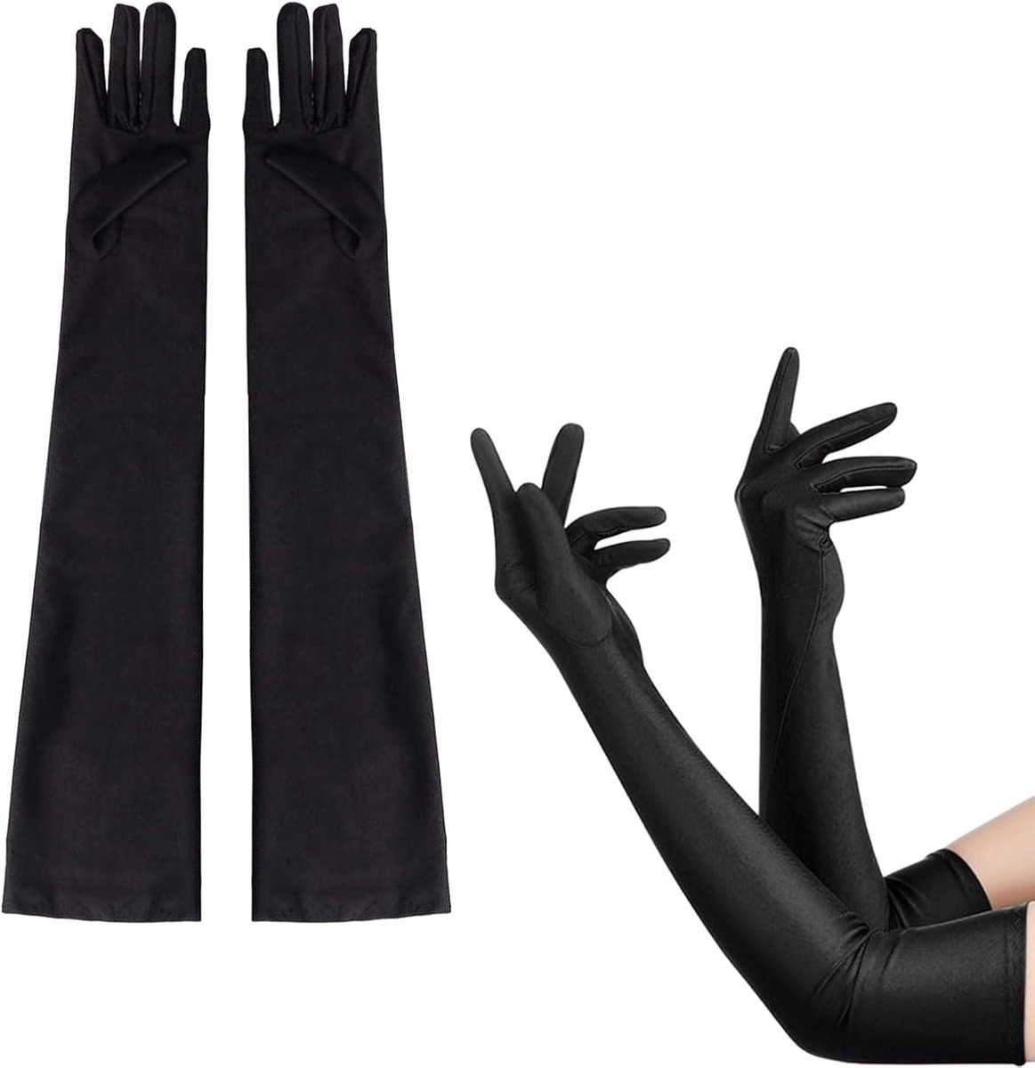1 paar handschoenen voor dames, zwarte lange handschoenen, handwarmers satijn, elegante avondhandschoenen, lang, zwart, gothic handschoenen, stof voor vrouwen, meisjes, Halloween, afstudeerbal,
