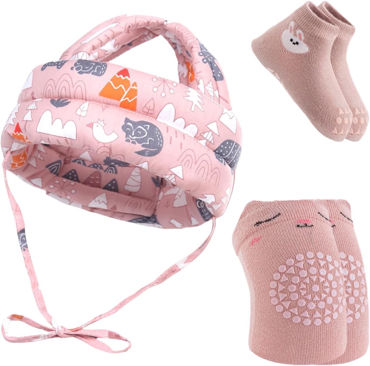 Babyhelm met kniebeschermers en antislipsokken, anti-botsing, verstelbaar, pet bescherming, voor kinderen, jongens, meisjes, leren lopen en lopen