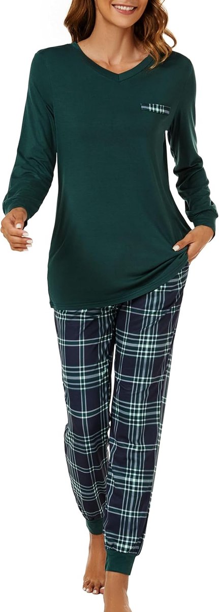 Pyjama set voor dames dames pyjama tweedelige pyjama sets lange mouwen winter pyjama set V-hals tops en geruite broek nachtkleding