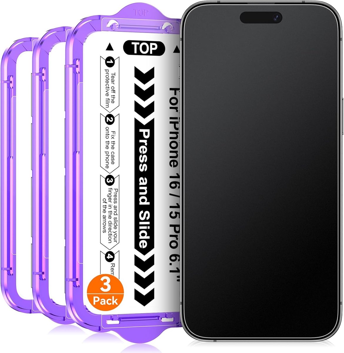 Glass Screen Protector voor iPhone 16/15 6,9-Inch, Matt Gehard Glas Film Schermbeschermer met Auto-uitlijning Eenvoudige Installatietool, Anti-Vingerafdruk en Anti Glans, 3-Stuks
